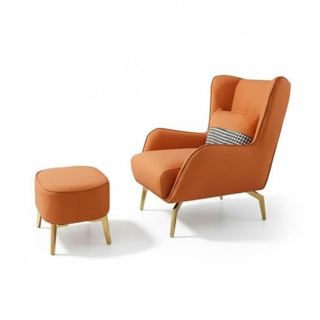 Hyperion Wingback Accent Chair with Ottoman, Faux Leather High-Back Lounge Armchair with Gold Metal Legs & Cushion for Living Room, Bedroom & Office, Single Seater (Burnt Orange)