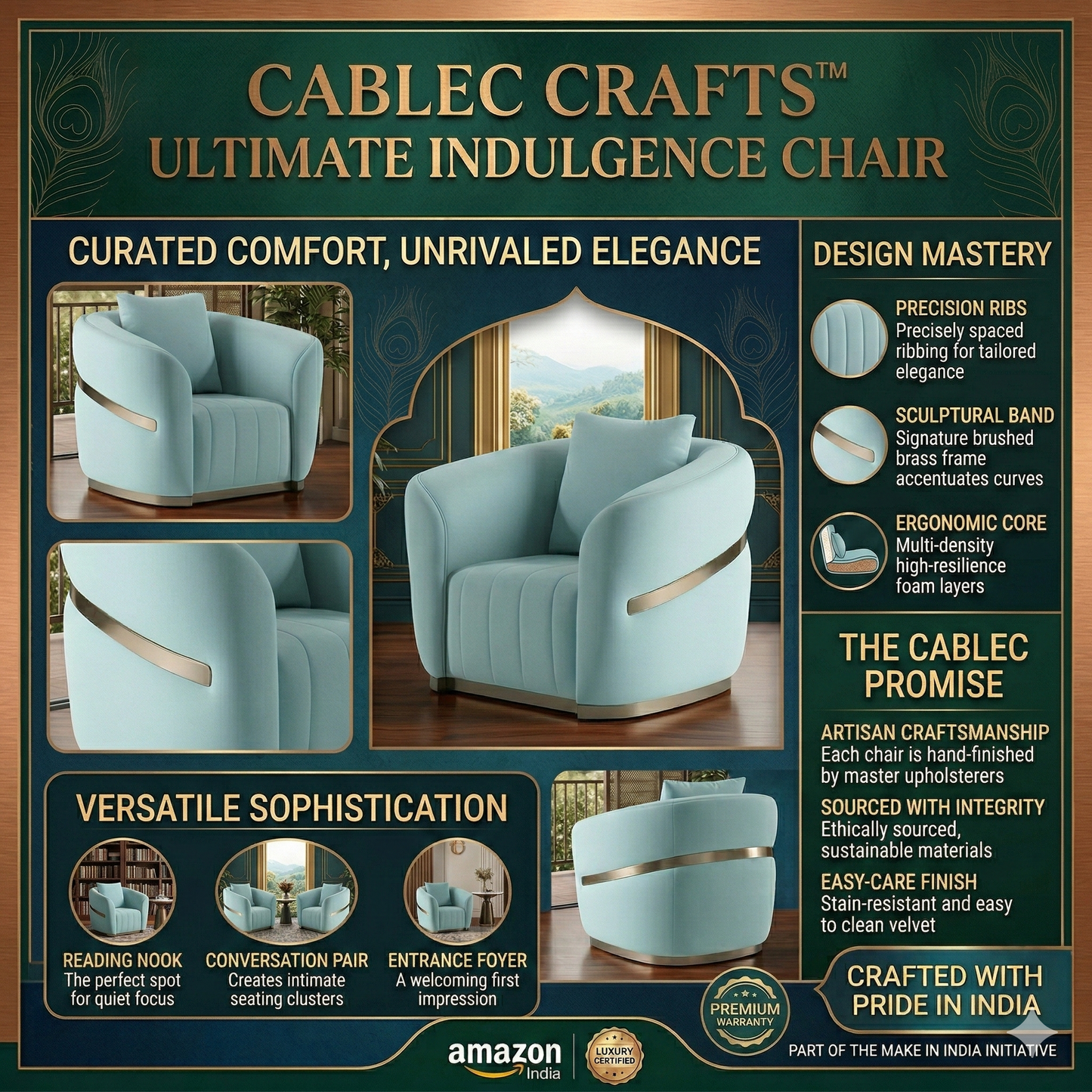 Cablec Crafts™ Selene Luxury Velvet Armchair with Champagne Gold Inlay | Modern Upholstered Tub Chair with Champagne Gold Metal Inlay and Base