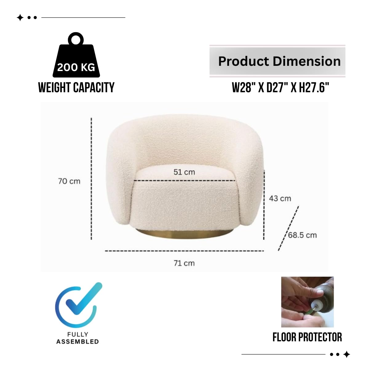 Kingsman Furnitures Brok Swivel Luxury Accent Arm Chair 360 Degree Rotatable Sofa for Home | Bedroom, Living & Drawing Room | Ultra Soft and Comfortable for Lounge Premium Boucle Fabric (Cream)