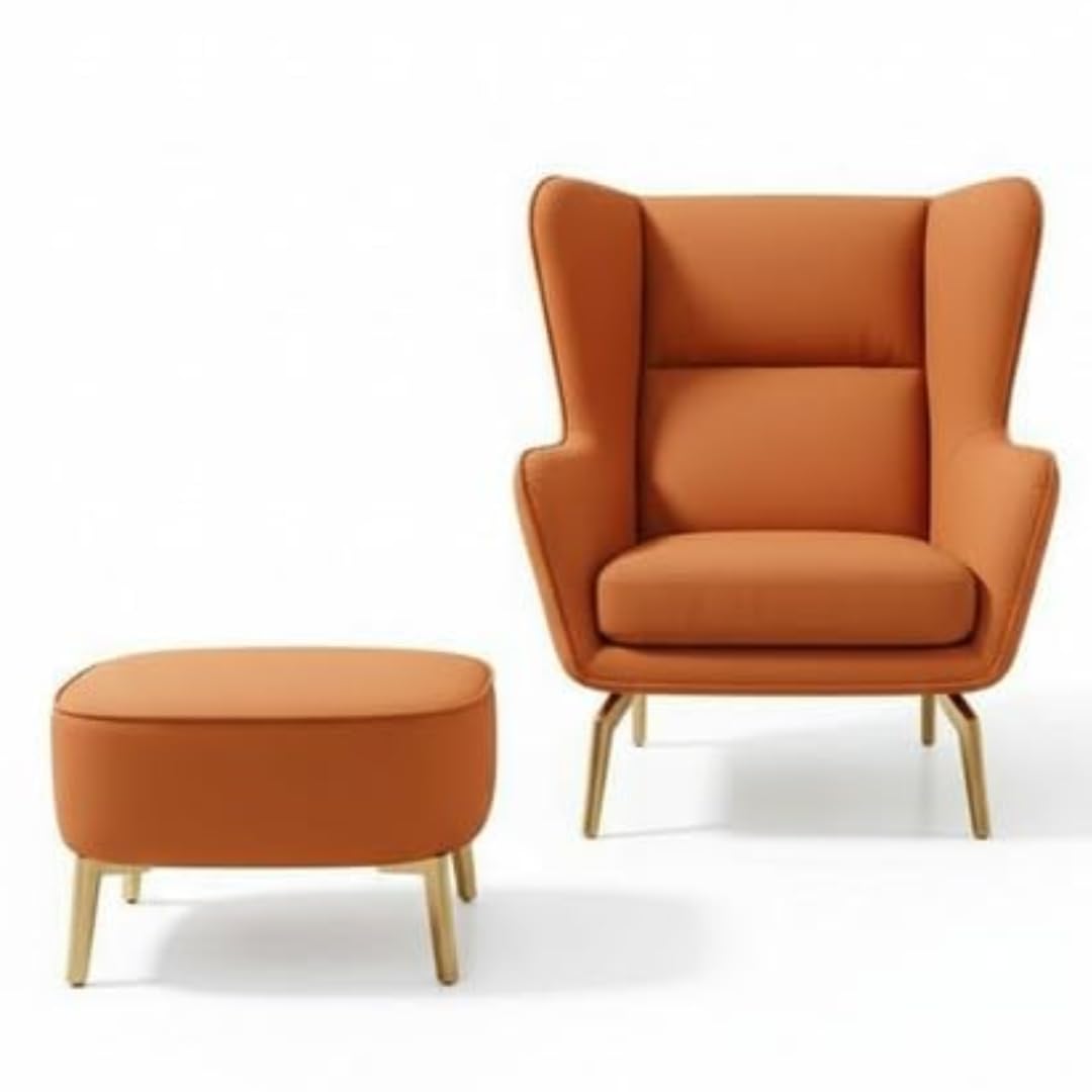Hyperion Wingback Accent Chair with Ottoman, Faux Leather High-Back Lounge Armchair with Gold Metal Legs & Cushion for Living Room, Bedroom & Office, Single Seater (Burnt Orange)