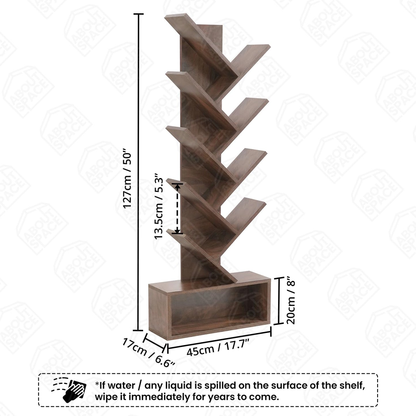 ABOUT SPACE Book Shelf for Home - 7 Tier Tree Shaped Book Rack for Study Room DIY Wooden Book Stand with Bottom Storage Space for Office, Livingroom, Bedroom (Brown - L 35 x B 17 x H 90 cm)