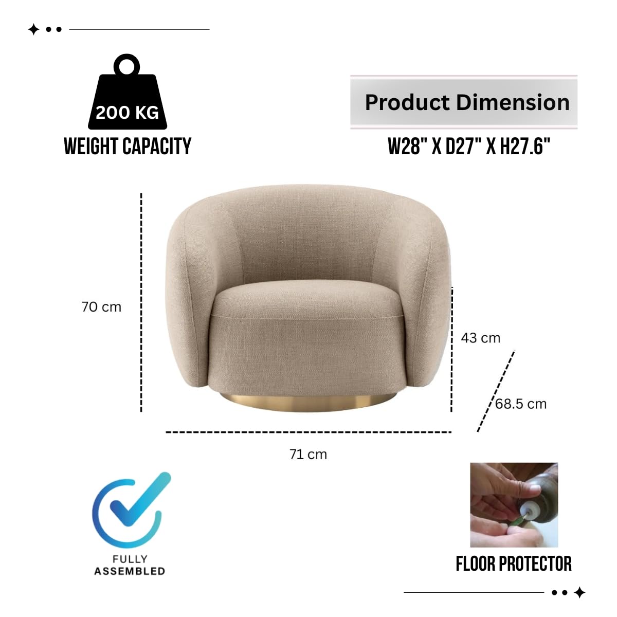 Kingsman Furnitures Brok Swivel Luxury Accent Arm Chair 360 Degree Rotatable Sofa for Home | Bedroom, Living & Drawing Room | Ultra Soft and Comfortable for Lounge Premium Boucle Fabric (Cream)