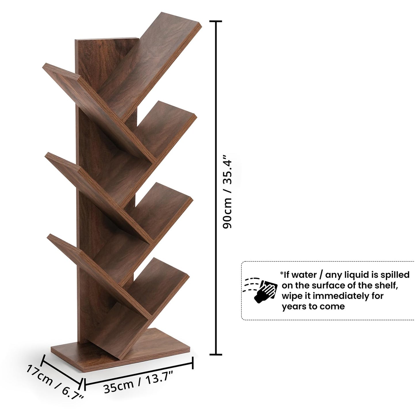 ABOUT SPACE Book Shelf for Home - 7 Tier Tree Shaped Book Rack for Study Room DIY Wooden Book Stand with Bottom Storage Space for Office, Livingroom, Bedroom (Brown - L 35 x B 17 x H 90 cm)