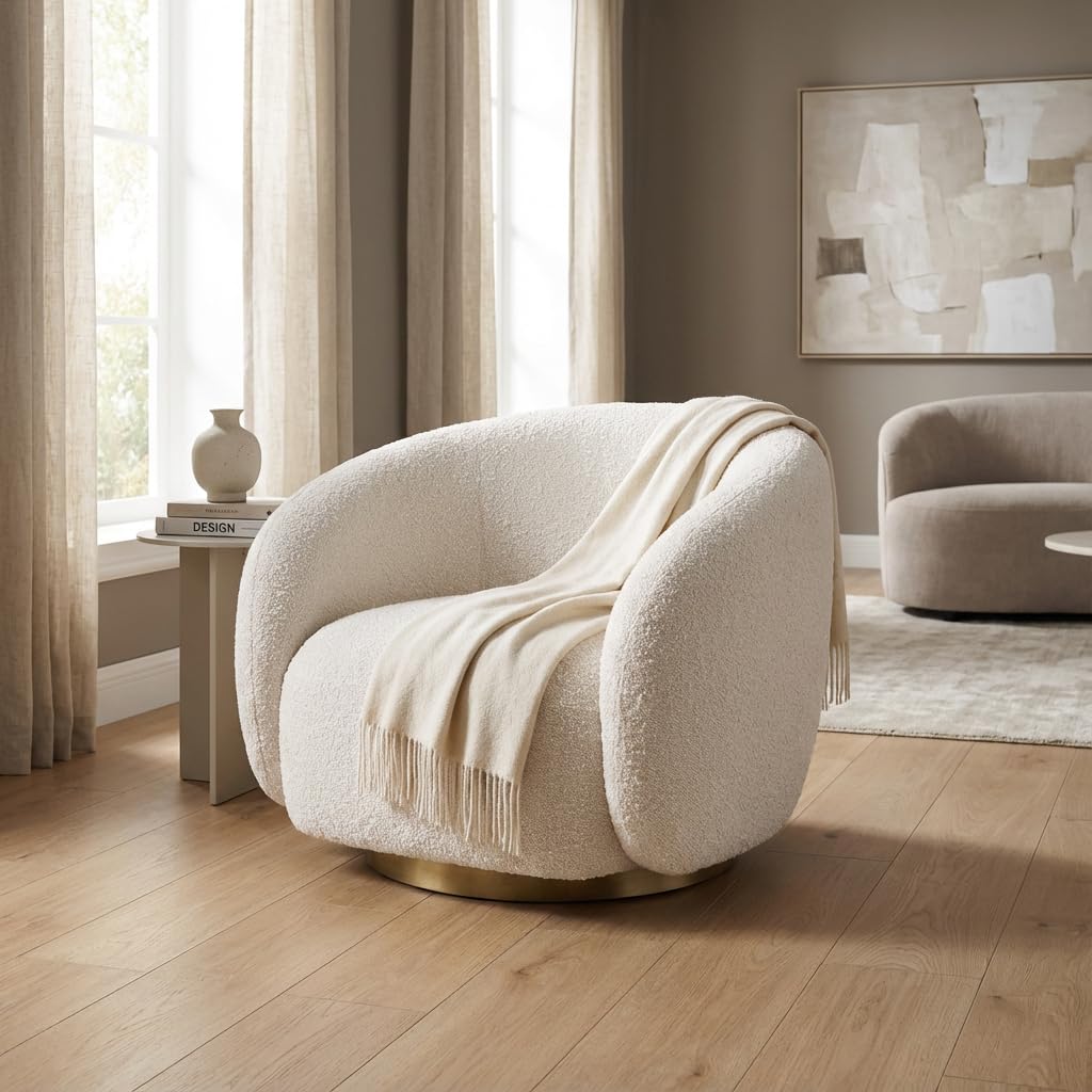 Kingsman Furnitures Brok Swivel Luxury Accent Arm Chair 360 Degree Rotatable Sofa for Home | Bedroom, Living & Drawing Room | Ultra Soft and Comfortable for Lounge Premium Boucle Fabric (Cream)
