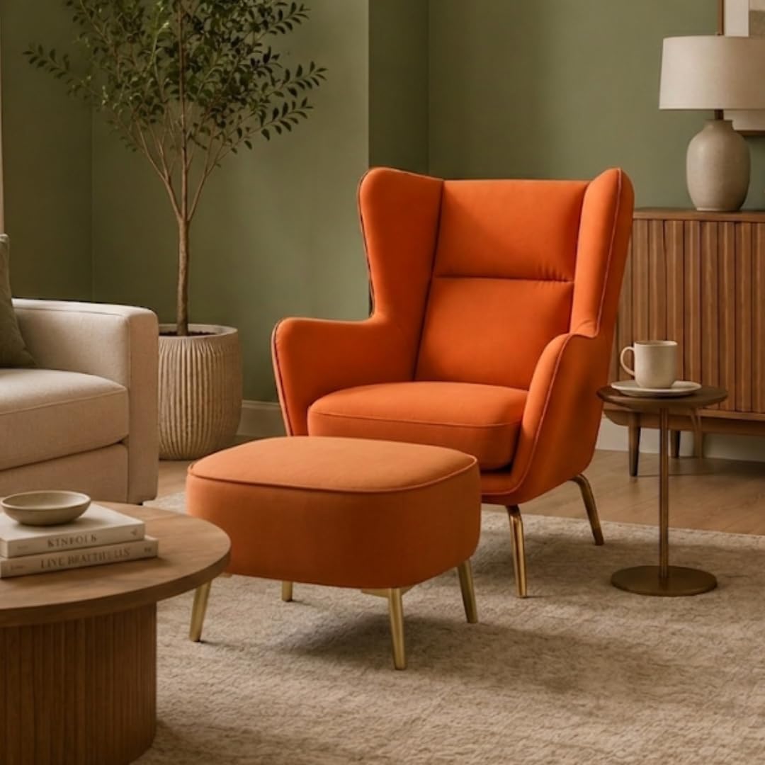Hyperion Wingback Accent Chair with Ottoman, Faux Leather High-Back Lounge Armchair with Gold Metal Legs & Cushion for Living Room, Bedroom & Office, Single Seater (Burnt Orange)