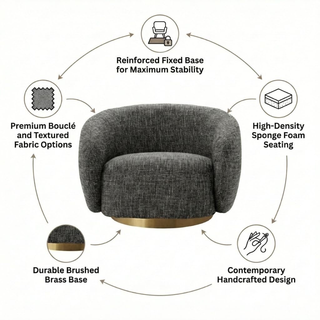 Kingsman Furnitures Brok Swivel Luxury Accent Arm Chair 360 Degree Rotatable Sofa for Home | Bedroom, Living & Drawing Room | Ultra Soft and Comfortable for Lounge Premium Boucle Fabric (Cream)