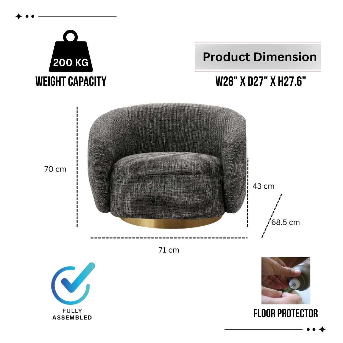 Kingsman Furnitures Brok Swivel Luxury Accent Arm Chair 360 Degree Rotatable Sofa for Home | Bedroom, Living & Drawing Room | Ultra Soft and Comfortable for Lounge Premium Boucle Fabric (Cream)