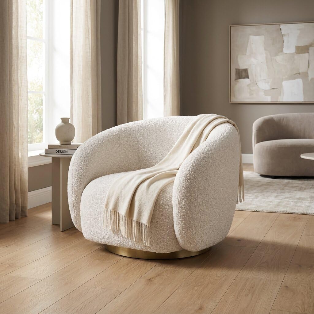 Kingsman Furnitures Brok Swivel Luxury Accent Arm Chair 360 Degree Rotatable Sofa for Home | Bedroom, Living & Drawing Room | Ultra Soft and Comfortable for Lounge Premium Boucle Fabric (Cream)