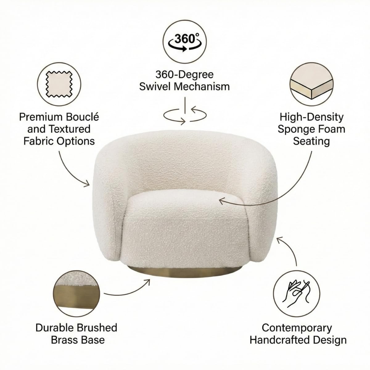 Kingsman Furnitures Brok Swivel Luxury Accent Arm Chair 360 Degree Rotatable Sofa for Home | Bedroom, Living & Drawing Room | Ultra Soft and Comfortable for Lounge Premium Boucle Fabric (Cream)
