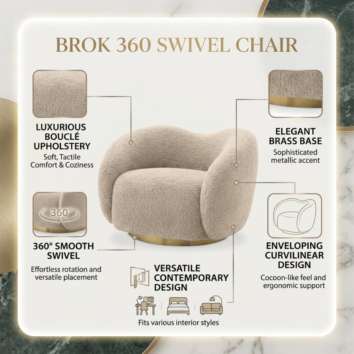 Kingsman Furnitures Brok Swivel Luxury Accent Arm Chair 360 Degree Rotatable Sofa for Home | Bedroom, Living & Drawing Room | Ultra Soft and Comfortable for Lounge Premium Boucle Fabric (Cream)