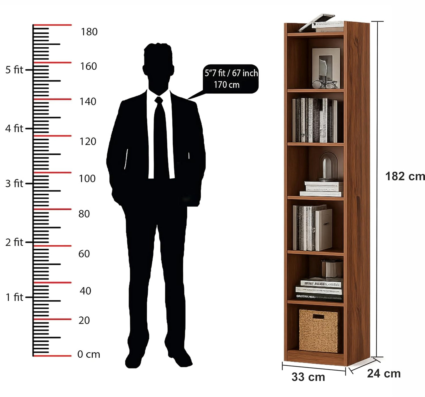 Enigmatic Woodworks Wooden Large Open Bookshelf Multipurpose for Home Rack Showcase Organizer for Living Room I Study Room I 7-Tier I Finish-Suede DIY (Walnut) 33 * 24 * 182cm