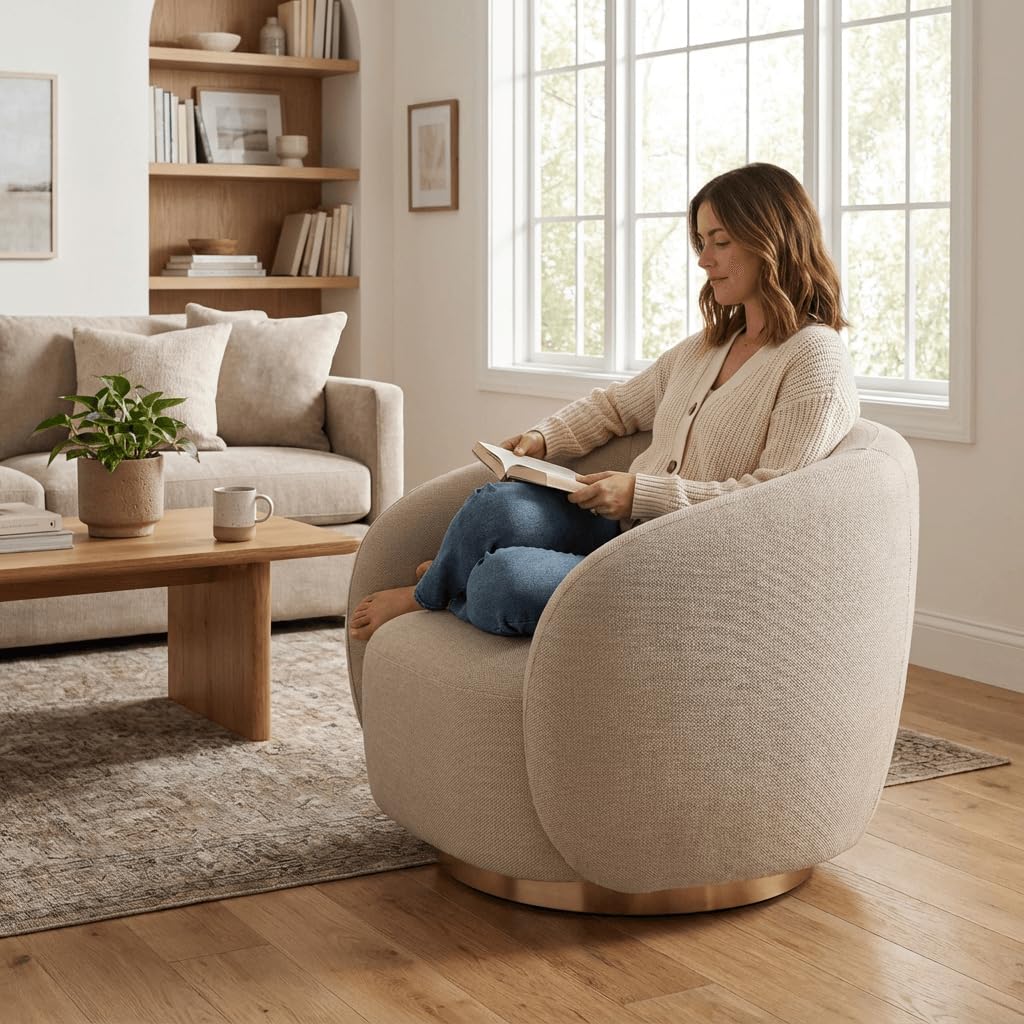 Kingsman Furnitures Brok Swivel Luxury Accent Arm Chair 360 Degree Rotatable Sofa for Home | Bedroom, Living & Drawing Room | Ultra Soft and Comfortable for Lounge Premium Boucle Fabric (Cream)