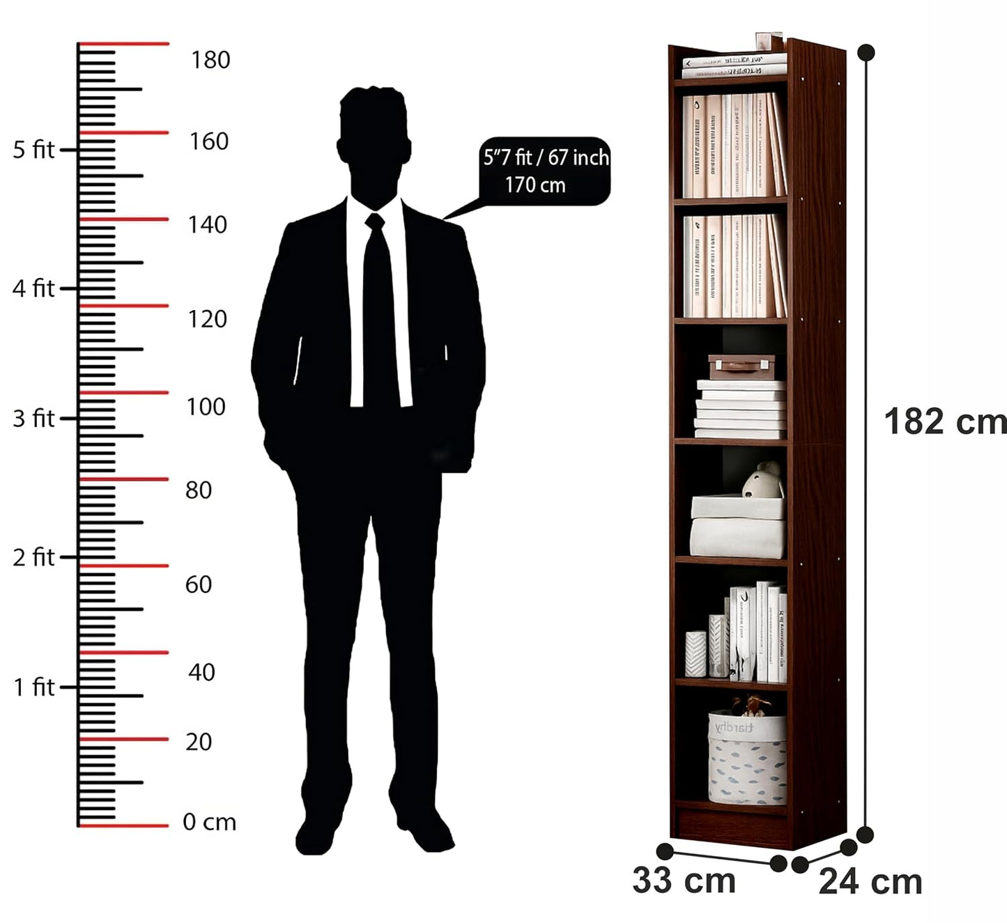Enigmatic Woodworks Wooden Large Open Bookshelf Multipurpose for Home Rack Showcase Organizer for Living Room I Study Room I 7-Tier I Finish-Suede DIY (Walnut) 33 * 24 * 182cm