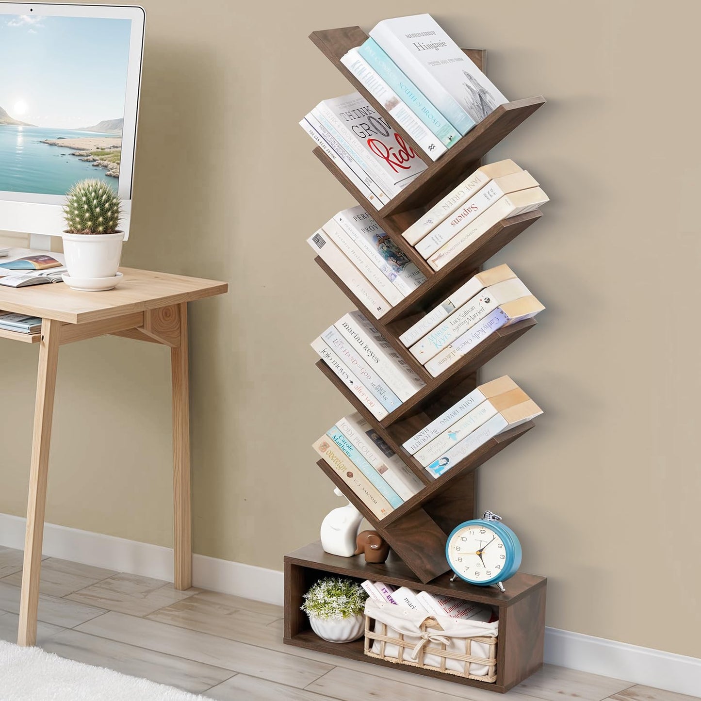 ABOUT SPACE Book Shelf for Home - 7 Tier Tree Shaped Book Rack for Study Room DIY Wooden Book Stand with Bottom Storage Space for Office, Livingroom, Bedroom (Brown - L 35 x B 17 x H 90 cm)