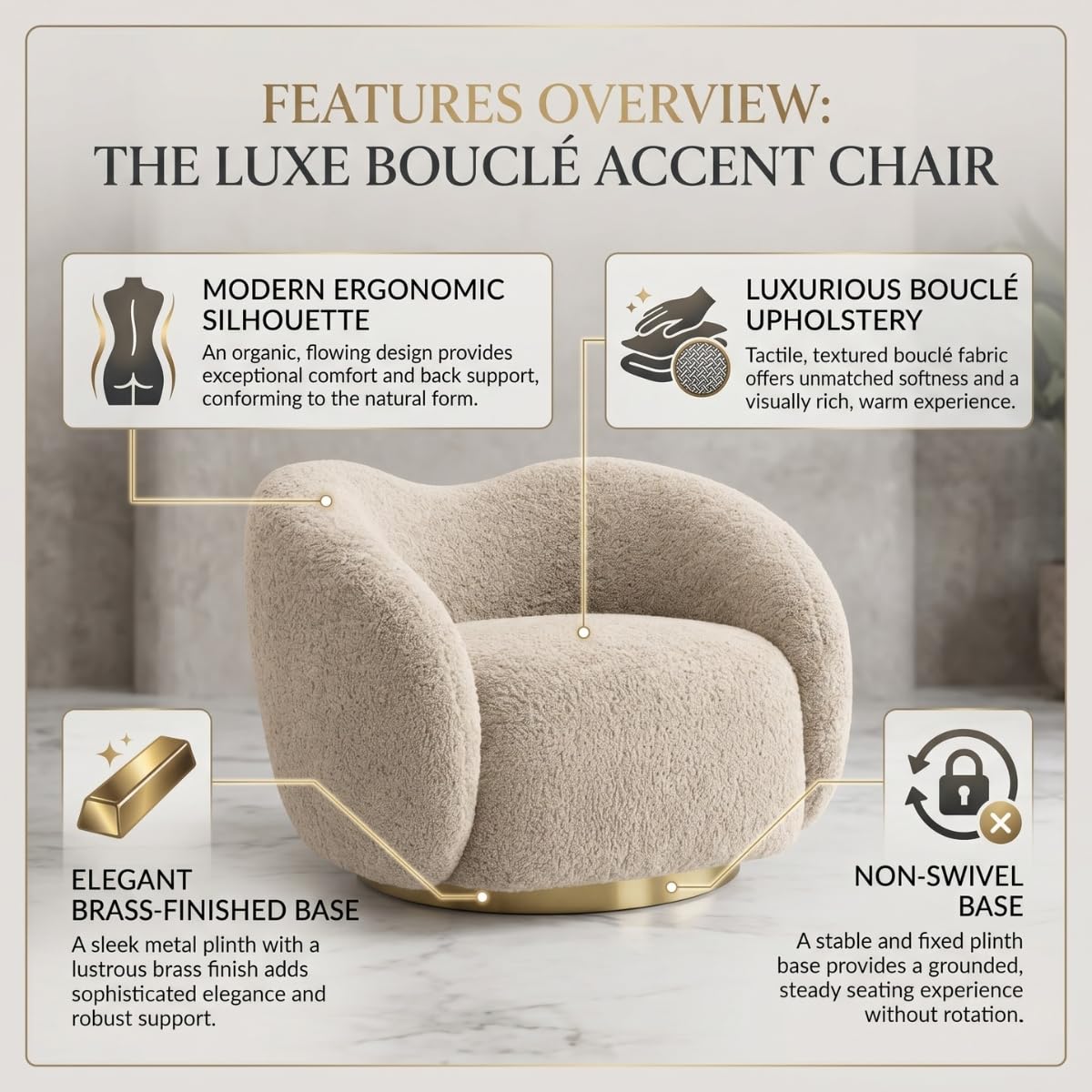 Kingsman Furnitures Brok Swivel Luxury Accent Arm Chair 360 Degree Rotatable Sofa for Home | Bedroom, Living & Drawing Room | Ultra Soft and Comfortable for Lounge Premium Boucle Fabric (Cream)