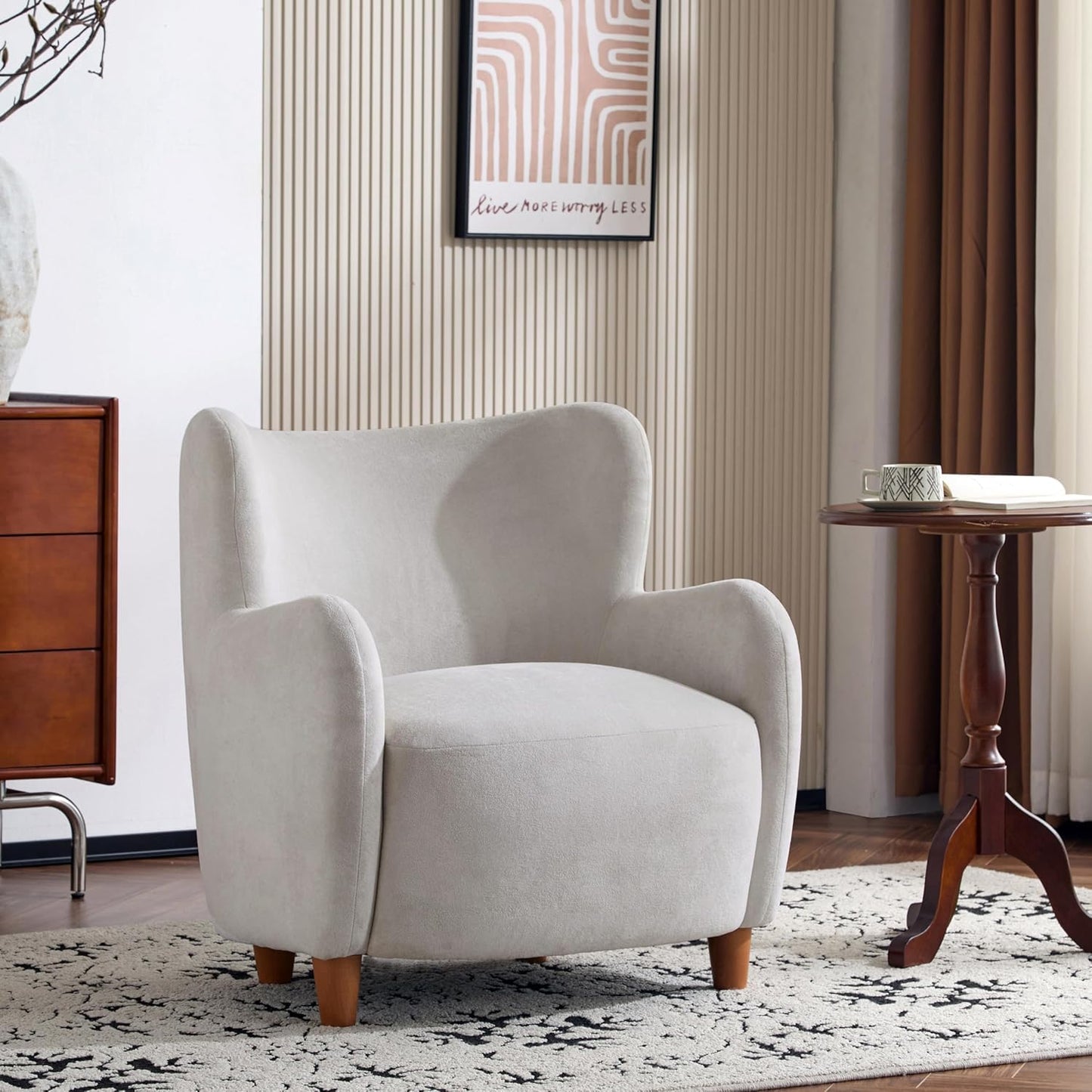 High Back Wingback Velvet Single Seater Armchair Curved Arm Relaxing Accent Chair for Living Room, Bedroom, Hallway (Camel)