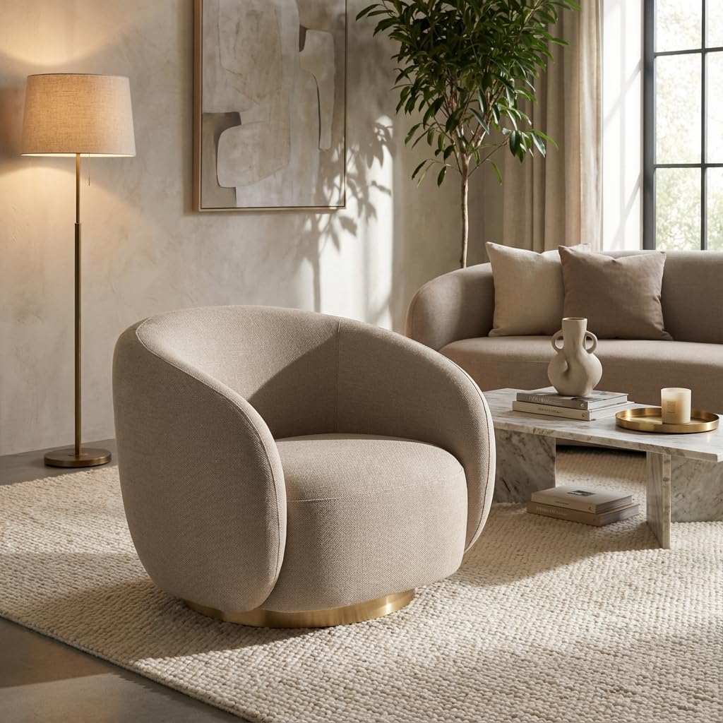 Kingsman Furnitures Brok Swivel Luxury Accent Arm Chair 360 Degree Rotatable Sofa for Home | Bedroom, Living & Drawing Room | Ultra Soft and Comfortable for Lounge Premium Boucle Fabric (Cream)