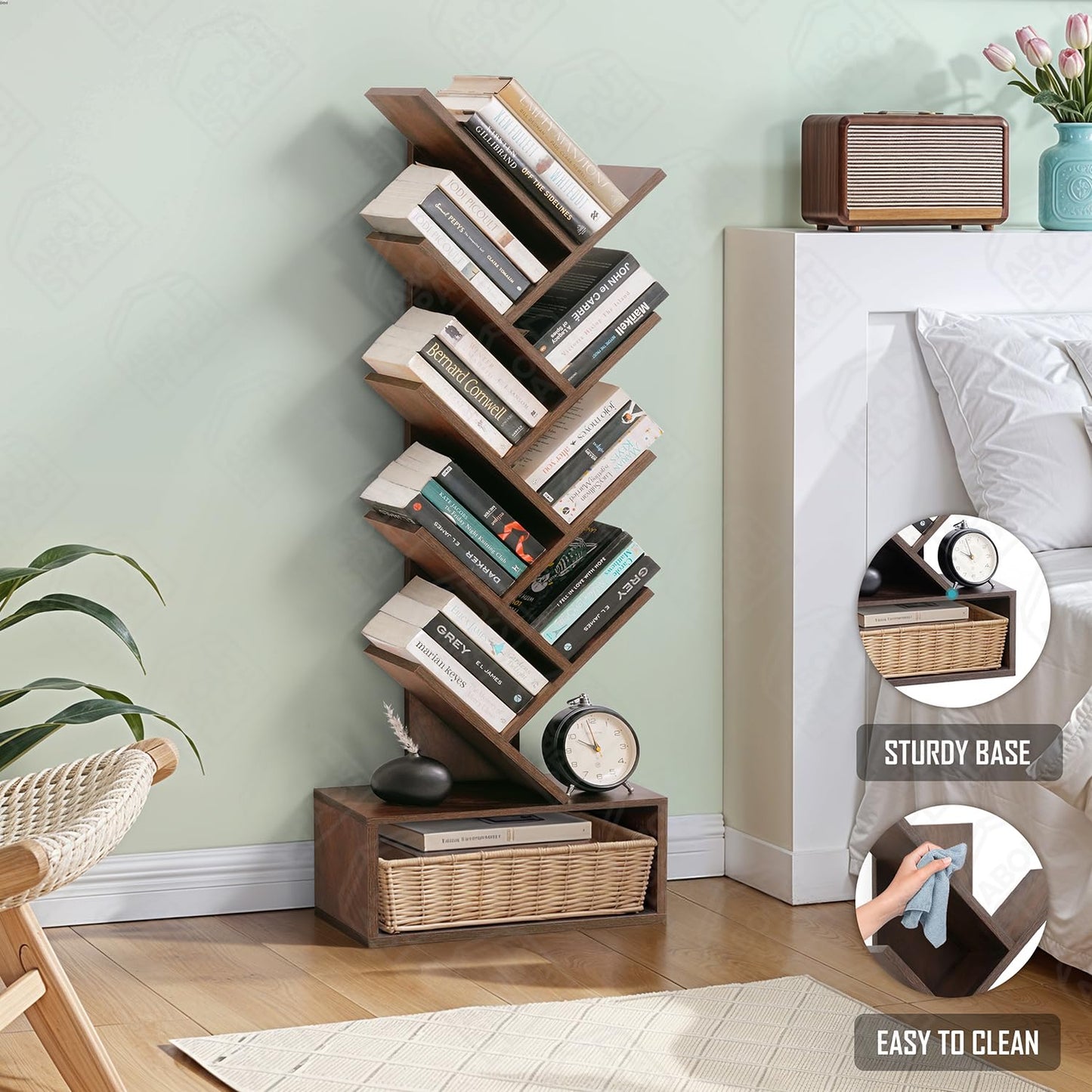 ABOUT SPACE Book Shelf for Home - 7 Tier Tree Shaped Book Rack for Study Room DIY Wooden Book Stand with Bottom Storage Space for Office, Livingroom, Bedroom (Brown - L 35 x B 17 x H 90 cm)