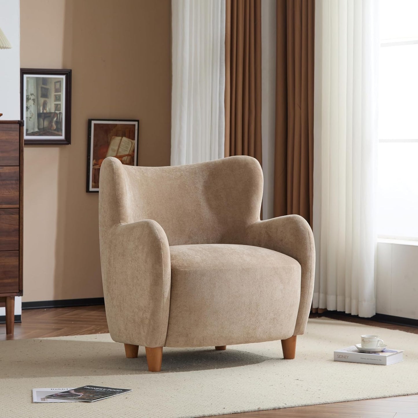 High Back Wingback Velvet Single Seater Armchair Curved Arm Relaxing Accent Chair for Living Room, Bedroom, Hallway (Camel)
