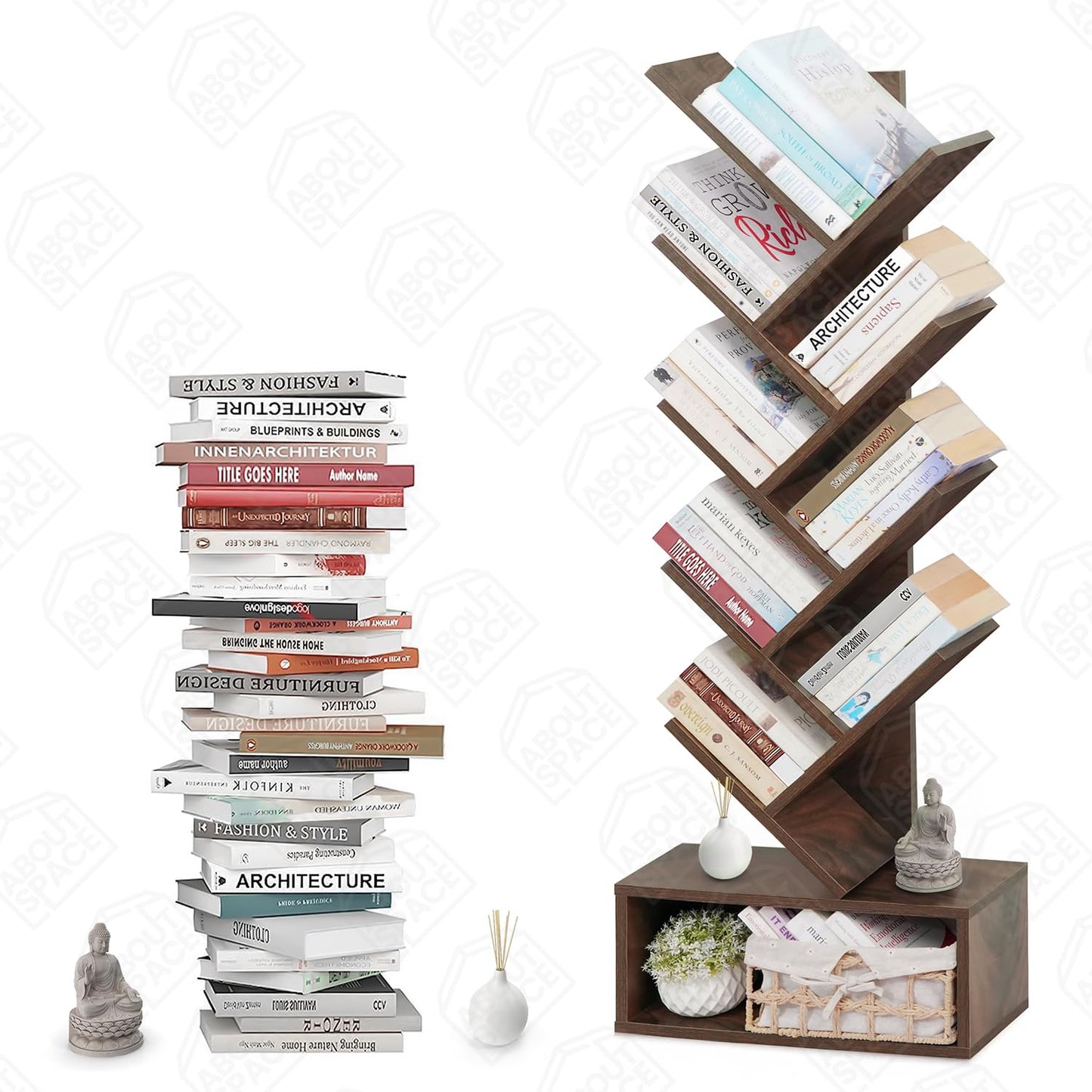 ABOUT SPACE Book Shelf for Home - 7 Tier Tree Shaped Book Rack for Study Room DIY Wooden Book Stand with Bottom Storage Space for Office, Livingroom, Bedroom (Brown - L 35 x B 17 x H 90 cm)
