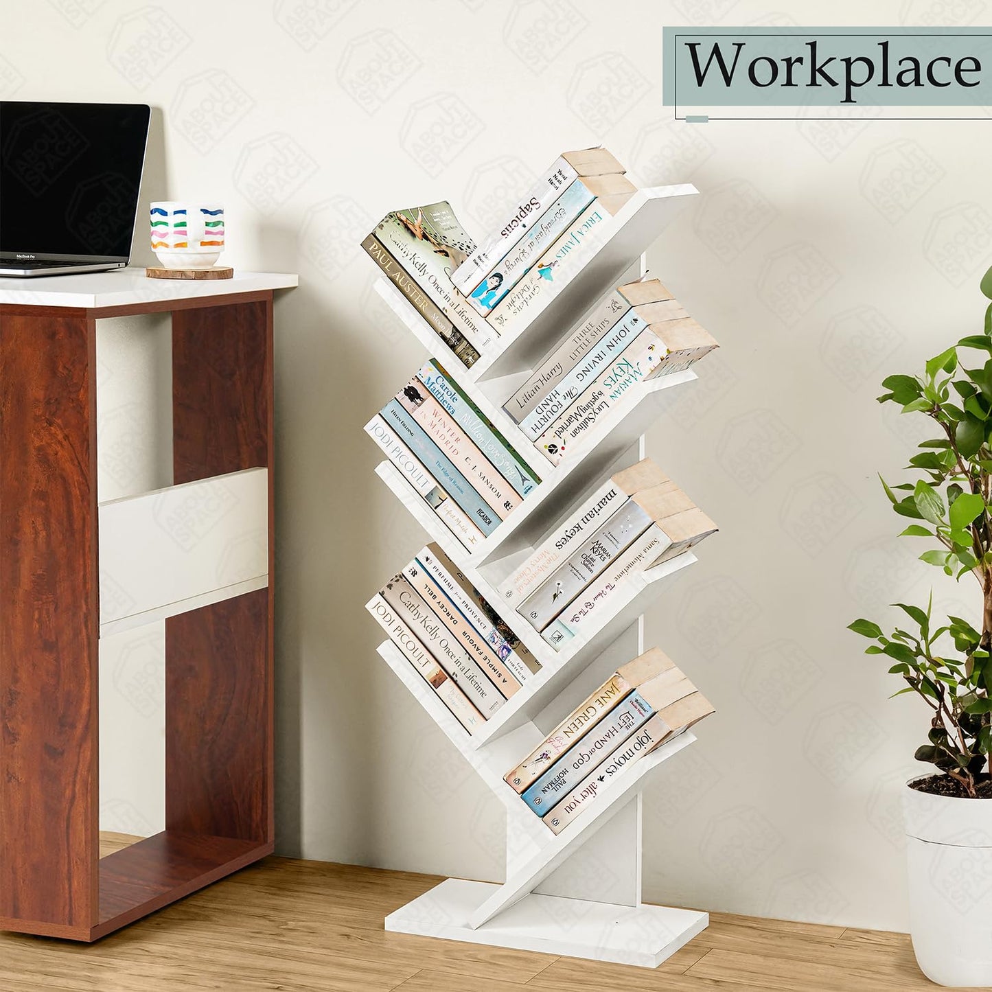 ABOUT SPACE Book Shelf for Home - 7 Tier Tree Shaped Book Rack for Study Room DIY Wooden Book Stand with Bottom Storage Space for Office, Livingroom, Bedroom (Brown - L 35 x B 17 x H 90 cm)