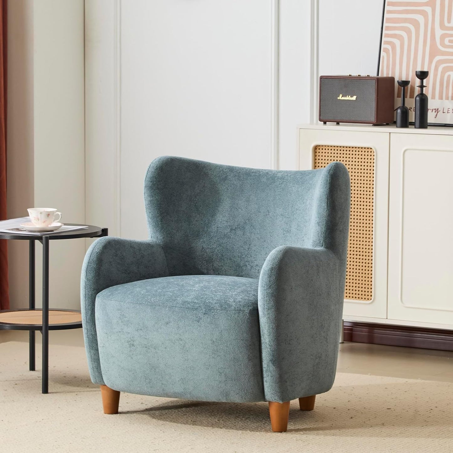 High Back Wingback Velvet Single Seater Armchair Curved Arm Relaxing Accent Chair for Living Room, Bedroom, Hallway (Camel)
