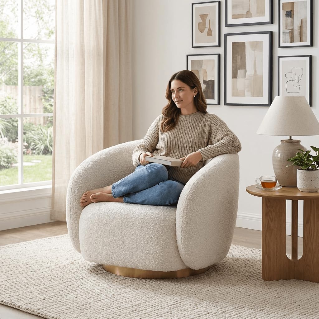 Kingsman Furnitures Brok Swivel Luxury Accent Arm Chair 360 Degree Rotatable Sofa for Home | Bedroom, Living & Drawing Room | Ultra Soft and Comfortable for Lounge Premium Boucle Fabric (Cream)
