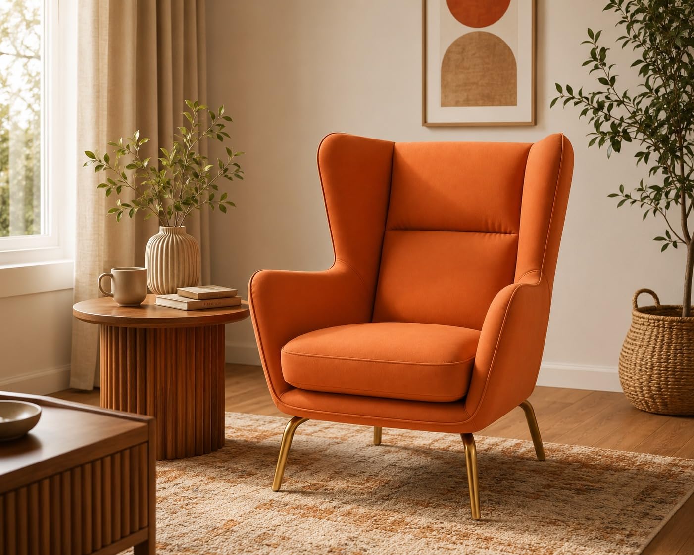 Hyperion Wingback Accent Chair with Ottoman, Faux Leather High-Back Lounge Armchair with Gold Metal Legs & Cushion for Living Room, Bedroom & Office, Single Seater (Burnt Orange)