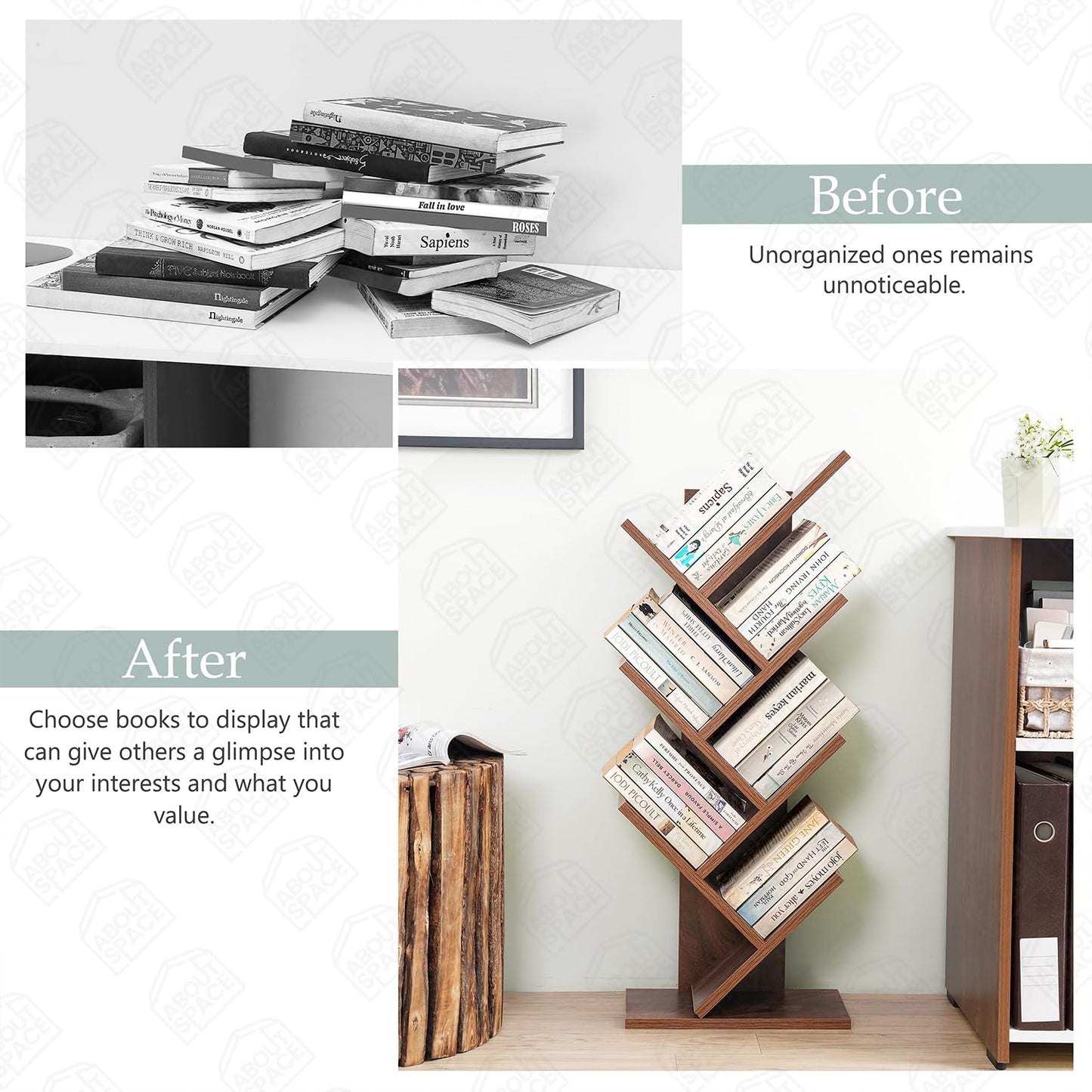 ABOUT SPACE Book Shelf for Home - 7 Tier Tree Shaped Book Rack for Study Room DIY Wooden Book Stand with Bottom Storage Space for Office, Livingroom, Bedroom (Brown - L 35 x B 17 x H 90 cm)