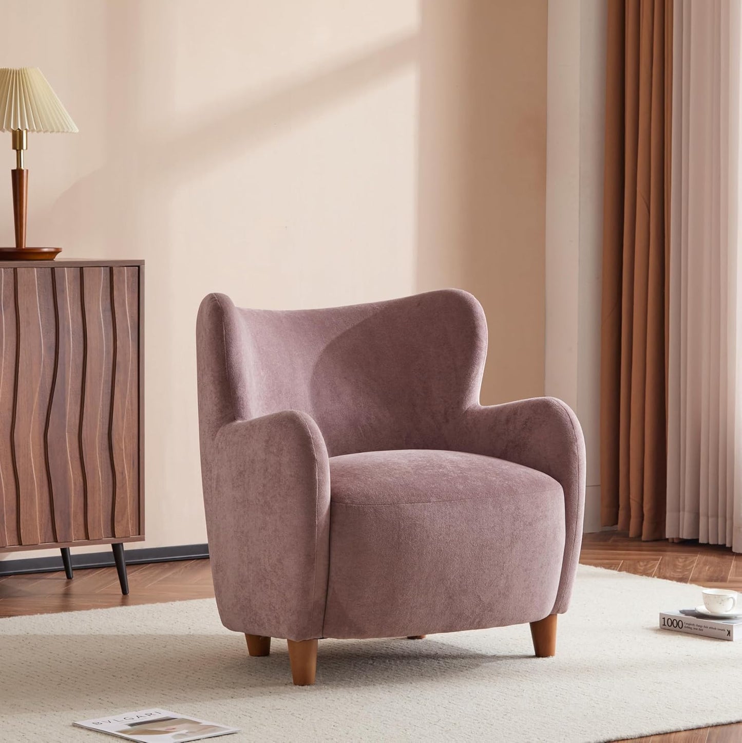 High Back Wingback Velvet Single Seater Armchair Curved Arm Relaxing Accent Chair for Living Room, Bedroom, Hallway (Camel)