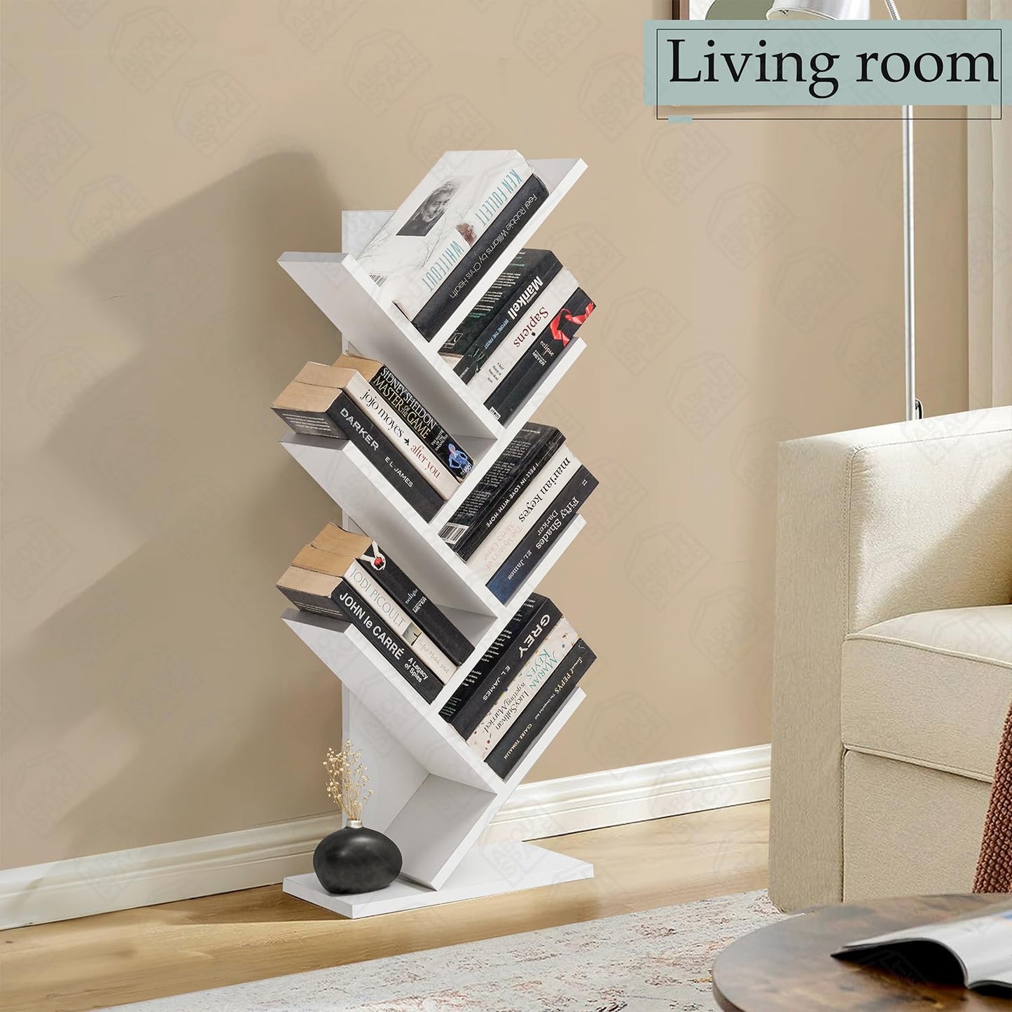 ABOUT SPACE Book Shelf for Home - 7 Tier Tree Shaped Book Rack for Study Room DIY Wooden Book Stand with Bottom Storage Space for Office, Livingroom, Bedroom (Brown - L 35 x B 17 x H 90 cm)