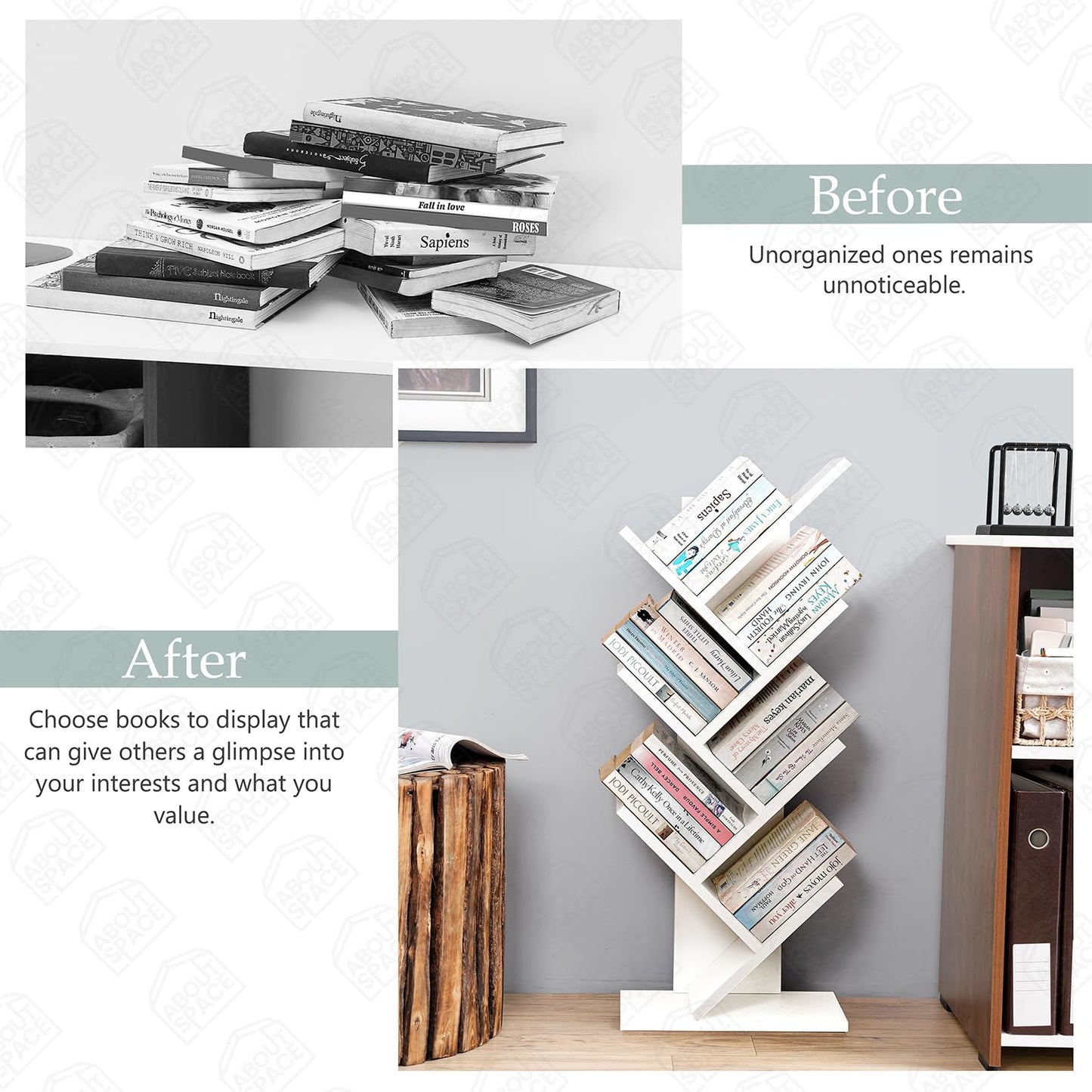 ABOUT SPACE Book Shelf for Home - 7 Tier Tree Shaped Book Rack for Study Room DIY Wooden Book Stand with Bottom Storage Space for Office, Livingroom, Bedroom (Brown - L 35 x B 17 x H 90 cm)