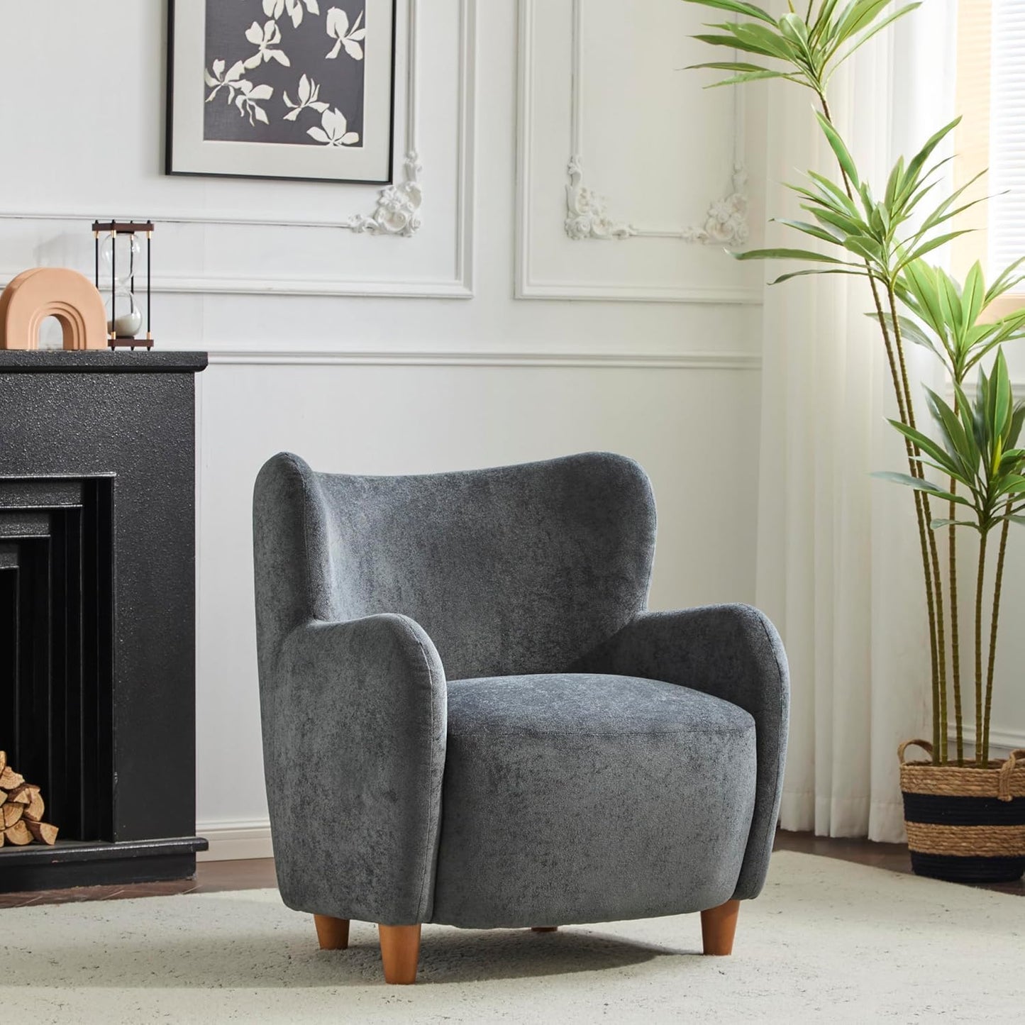 High Back Wingback Velvet Single Seater Armchair Curved Arm Relaxing Accent Chair for Living Room, Bedroom, Hallway (Camel)