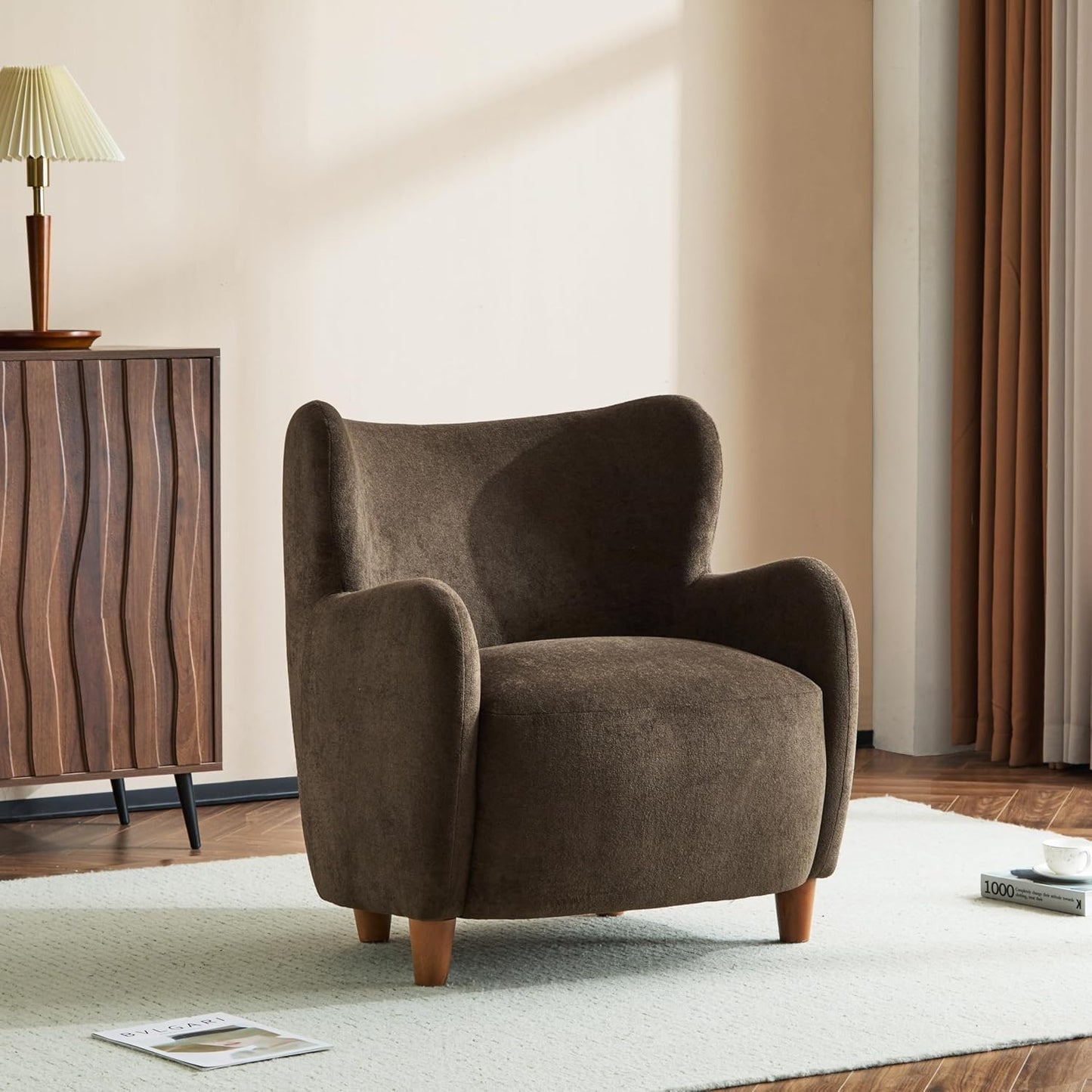 High Back Wingback Velvet Single Seater Armchair Curved Arm Relaxing Accent Chair for Living Room, Bedroom, Hallway (Camel)