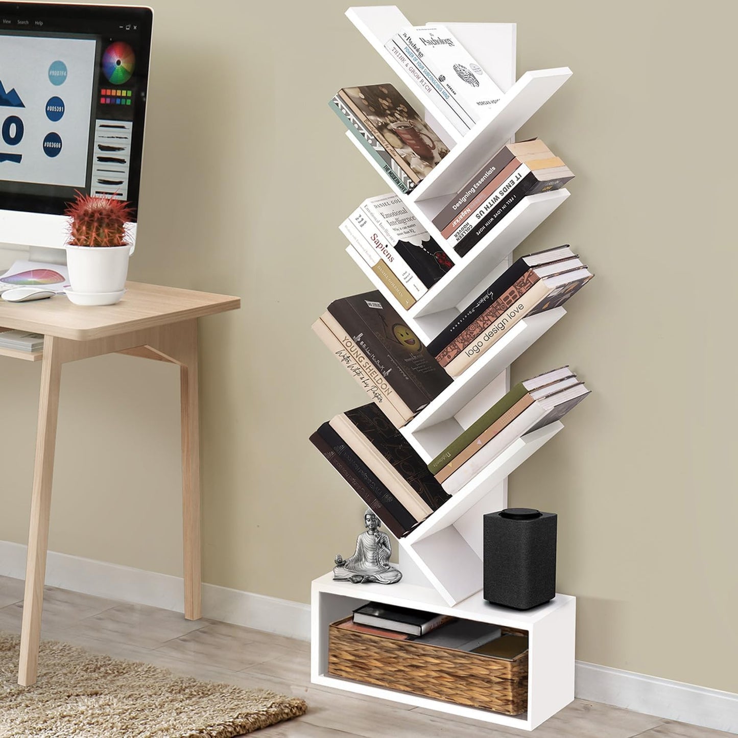 ABOUT SPACE Book Shelf for Home - 7 Tier Tree Shaped Book Rack for Study Room DIY Wooden Book Stand with Bottom Storage Space for Office, Livingroom, Bedroom (Brown - L 35 x B 17 x H 90 cm)