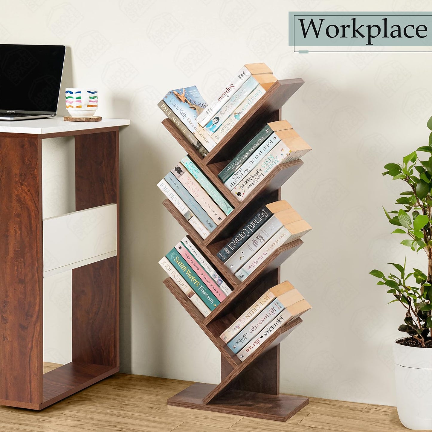 ABOUT SPACE Book Shelf for Home - 7 Tier Tree Shaped Book Rack for Study Room DIY Wooden Book Stand with Bottom Storage Space for Office, Livingroom, Bedroom (Brown - L 35 x B 17 x H 90 cm)