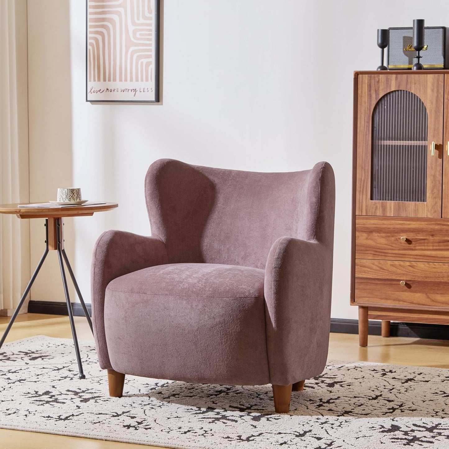 High Back Wingback Velvet Single Seater Armchair Curved Arm Relaxing Accent Chair for Living Room, Bedroom, Hallway (Camel)