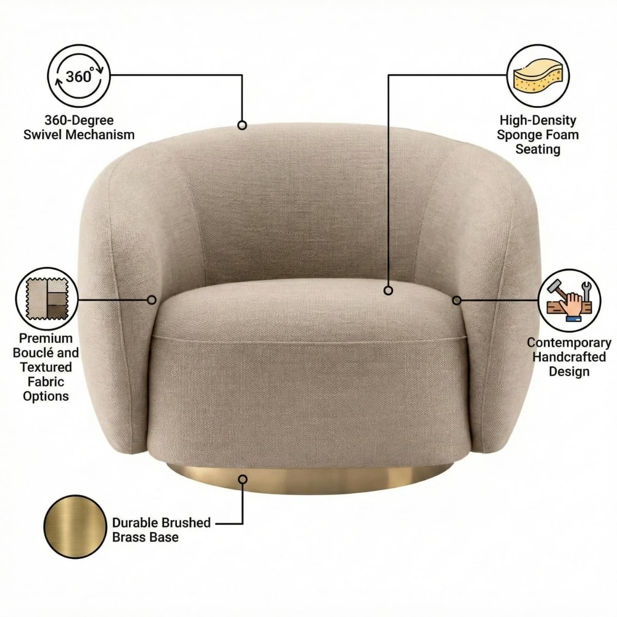Kingsman Furnitures Brok Swivel Luxury Accent Arm Chair 360 Degree Rotatable Sofa for Home | Bedroom, Living & Drawing Room | Ultra Soft and Comfortable for Lounge Premium Boucle Fabric (Cream)