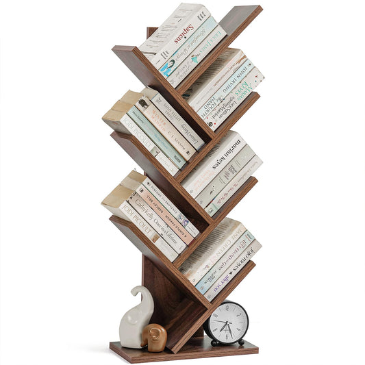 ABOUT SPACE Book Shelf for Home - 7 Tier Tree Shaped Book Rack for Study Room DIY Wooden Book Stand with Bottom Storage Space for Office, Livingroom, Bedroom (Brown - L 35 x B 17 x H 90 cm)