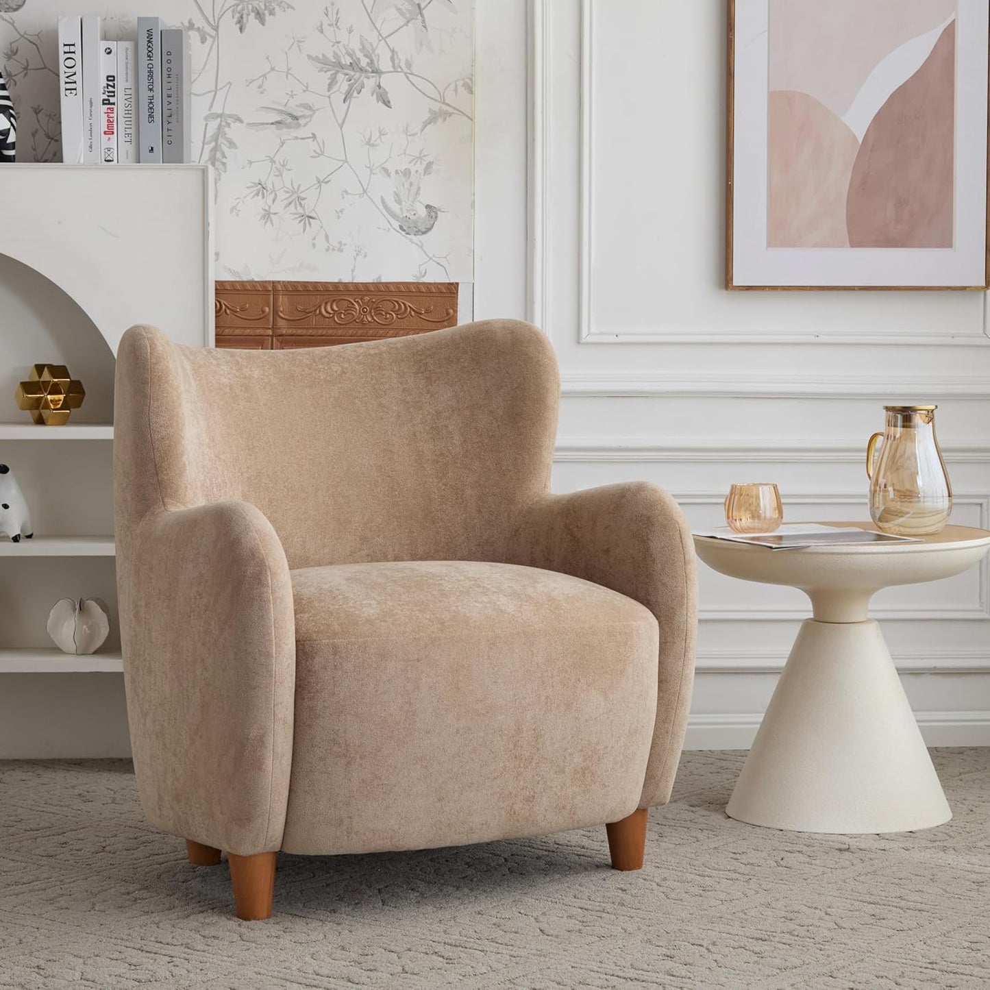 High Back Wingback Velvet Single Seater Armchair Curved Arm Relaxing Accent Chair for Living Room, Bedroom, Hallway (Camel)