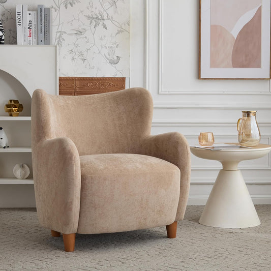 High Back Wingback Velvet Single Seater Armchair Curved Arm Relaxing Accent Chair for Living Room, Bedroom, Hallway (Camel)