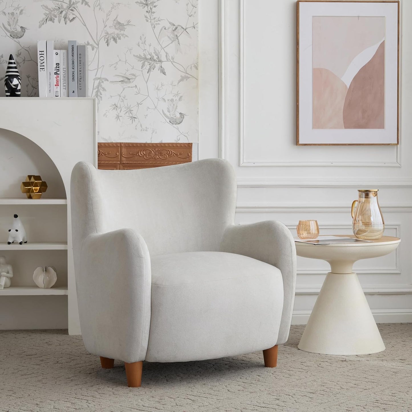High Back Wingback Velvet Single Seater Armchair Curved Arm Relaxing Accent Chair for Living Room, Bedroom, Hallway (Camel)
