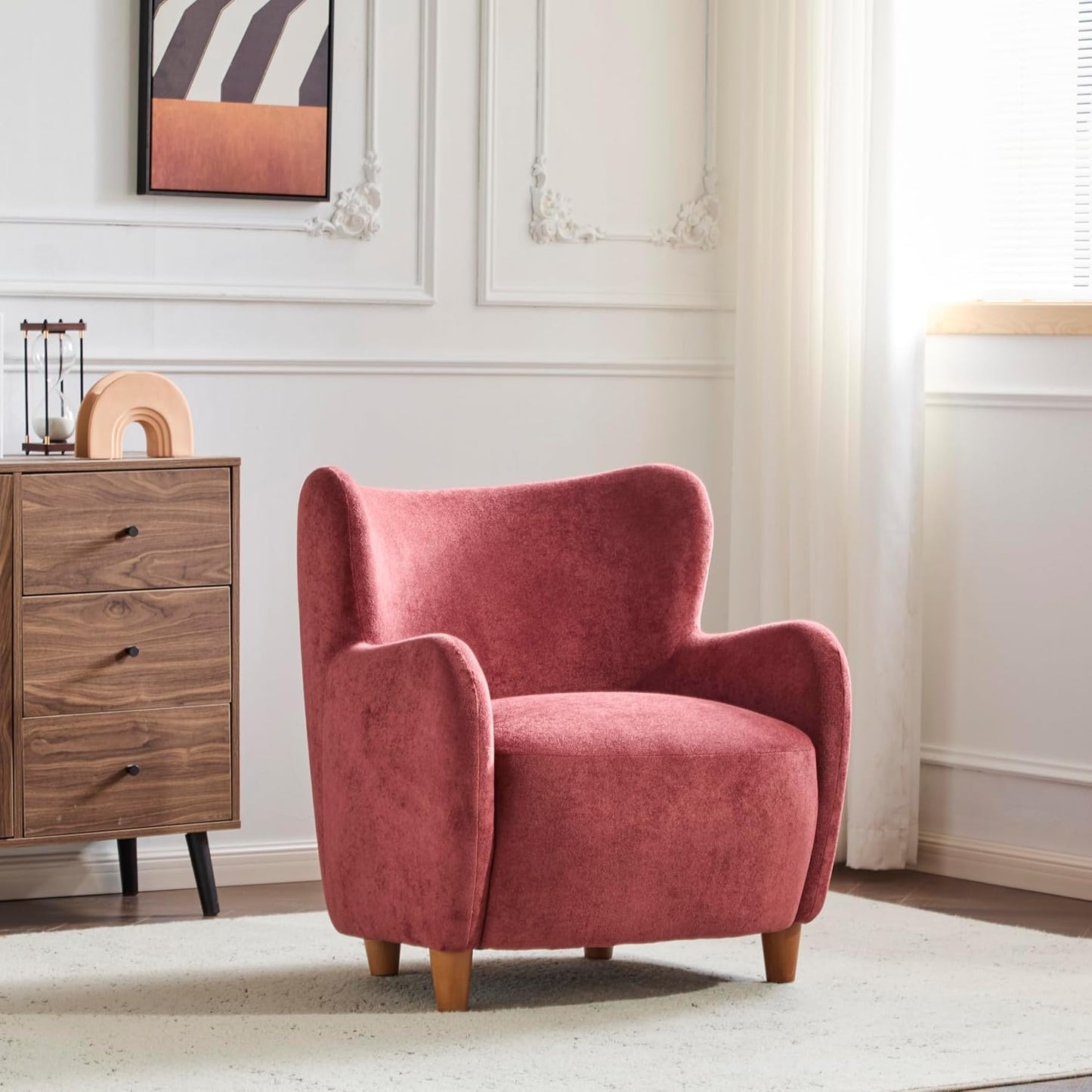 High Back Wingback Velvet Single Seater Armchair Curved Arm Relaxing Accent Chair for Living Room, Bedroom, Hallway (Camel)