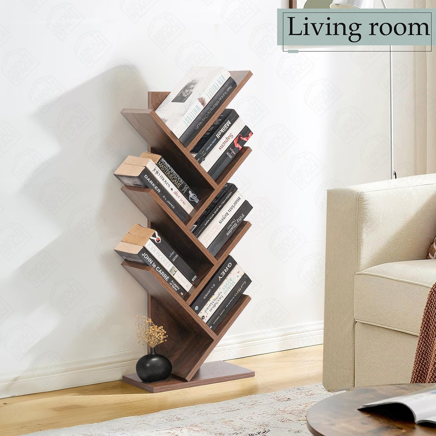 ABOUT SPACE Book Shelf for Home - 7 Tier Tree Shaped Book Rack for Study Room DIY Wooden Book Stand with Bottom Storage Space for Office, Livingroom, Bedroom (Brown - L 35 x B 17 x H 90 cm)