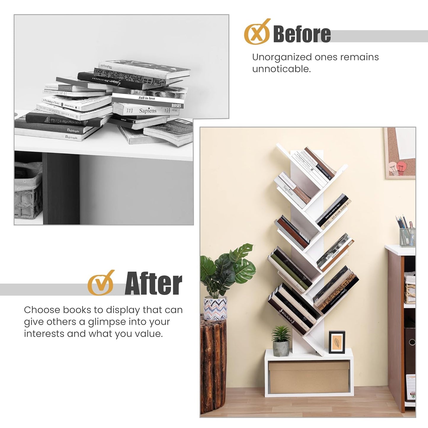ABOUT SPACE Book Shelf for Home - 7 Tier Tree Shaped Book Rack for Study Room DIY Wooden Book Stand with Bottom Storage Space for Office, Livingroom, Bedroom (Brown - L 35 x B 17 x H 90 cm)