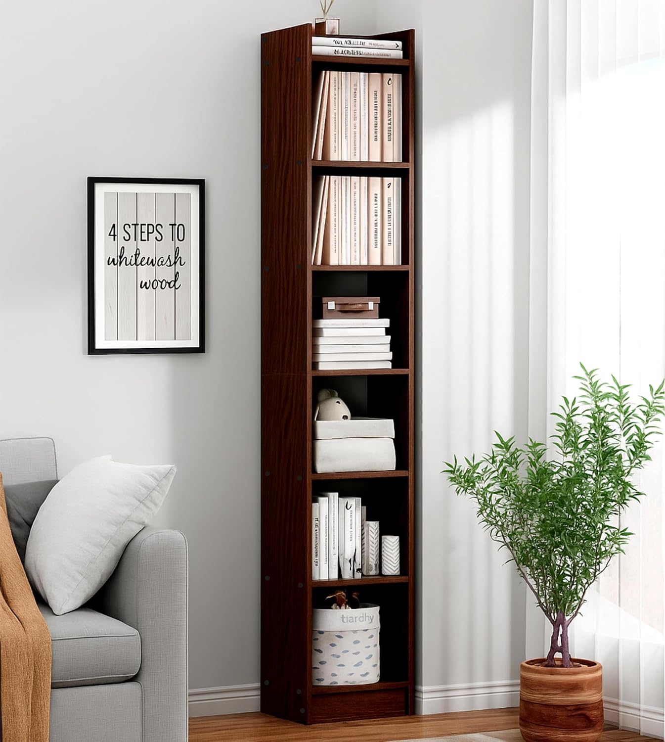 Enigmatic Woodworks Wooden Large Open Bookshelf Multipurpose for Home Rack Showcase Organizer for Living Room I Study Room I 7-Tier I Finish-Suede DIY (Walnut) 33 * 24 * 182cm