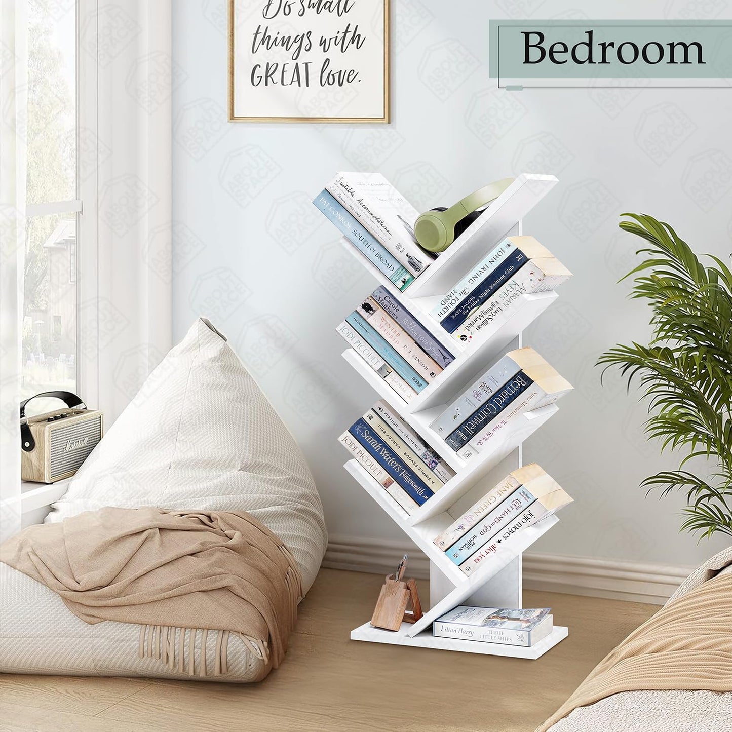 ABOUT SPACE Book Shelf for Home - 7 Tier Tree Shaped Book Rack for Study Room DIY Wooden Book Stand with Bottom Storage Space for Office, Livingroom, Bedroom (Brown - L 35 x B 17 x H 90 cm)