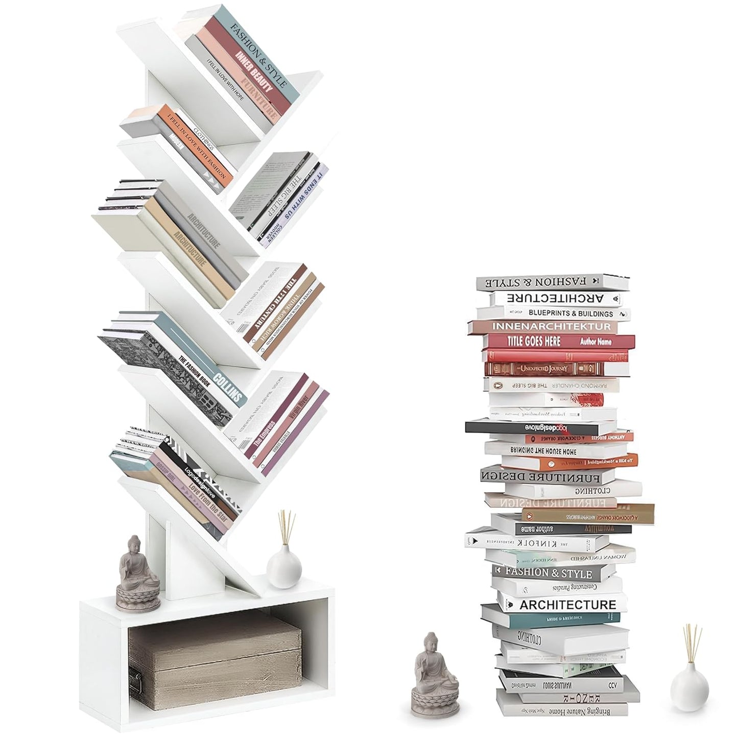 ABOUT SPACE Book Shelf for Home - 7 Tier Tree Shaped Book Rack for Study Room DIY Wooden Book Stand with Bottom Storage Space for Office, Livingroom, Bedroom (Brown - L 35 x B 17 x H 90 cm)