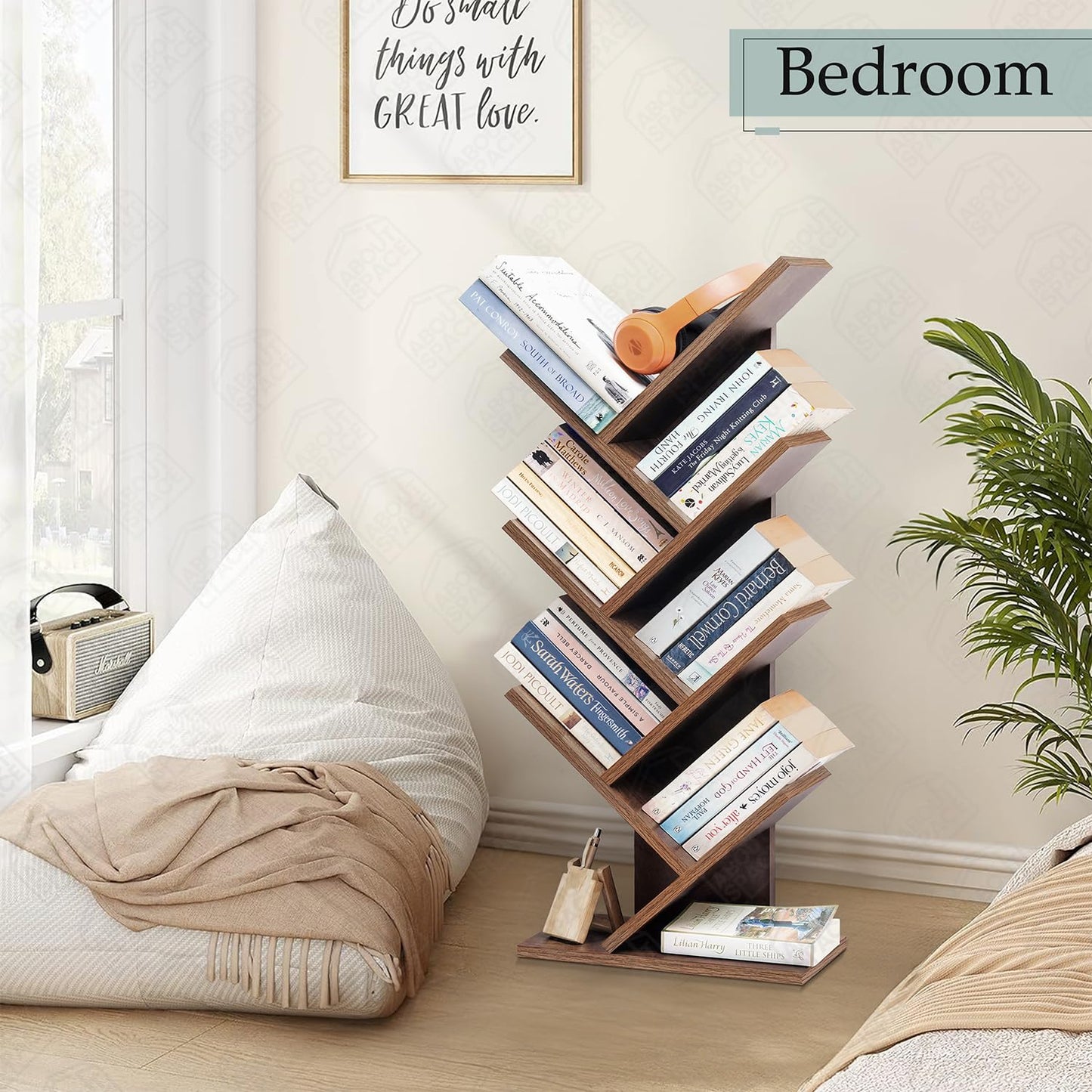 ABOUT SPACE Book Shelf for Home - 7 Tier Tree Shaped Book Rack for Study Room DIY Wooden Book Stand with Bottom Storage Space for Office, Livingroom, Bedroom (Brown - L 35 x B 17 x H 90 cm)