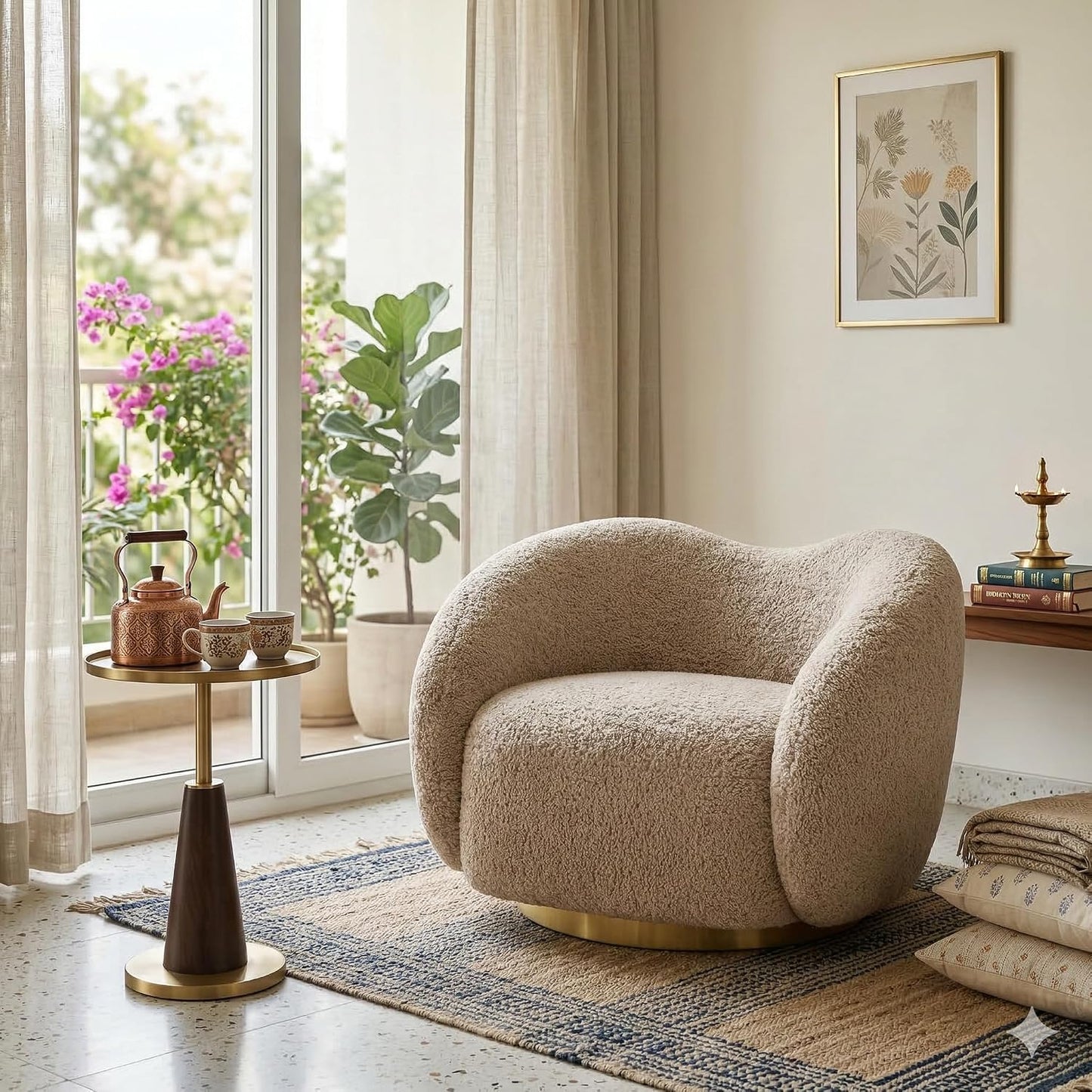 Kingsman Furnitures Brok Swivel Luxury Accent Arm Chair 360 Degree Rotatable Sofa for Home | Bedroom, Living & Drawing Room | Ultra Soft and Comfortable for Lounge Premium Boucle Fabric (Cream)